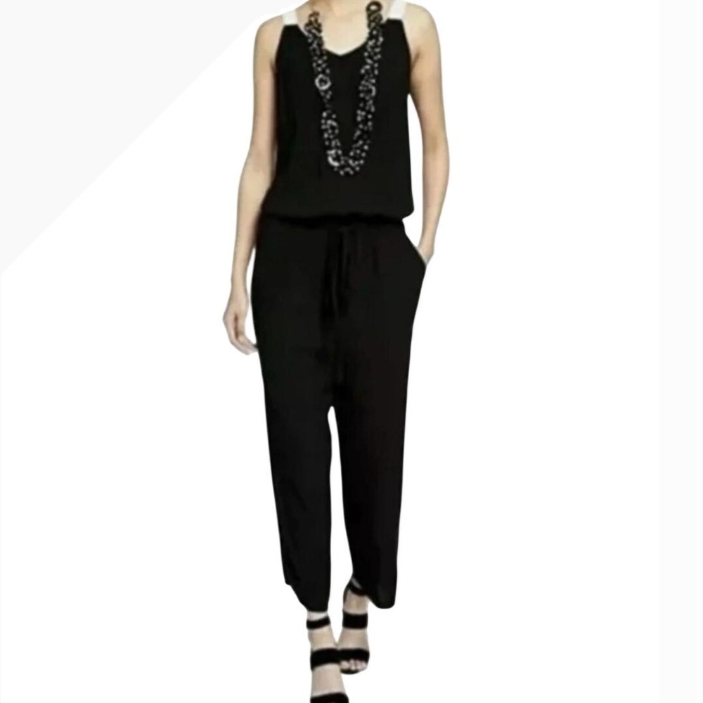 Eileen Fisher Women M 100% Silk Georgette Crepe Sleeveless Jumpsuit Black White